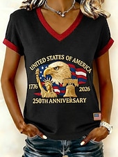  Självständighetsdag Amerikansk 250-årsjubileum Patriotiska Kvinnors T-shirt Tryck Grafisk Självständighetsdag Bohemia Vintage Stilren Klassisk Kort Ärmd V-hals Vanliga Toppar Daglig Svart Vit