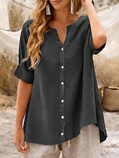 preiswerte Hemden-Damen Bluse Kunstbaumwollleinen Einfarbig Elegant Stilvoll Basic Kurzarm V Ausschnitt Normale Oberteile Täglich Blau Schwarz Purpur Grün Beige Sommer Frühling Herbst