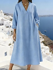 cheap Plain Dress-Women's Midi Dress Shift Dress Casual Dress Cotton Dress Fashion Modern Daily Weekend Loose Fit Plain Long Sleeve V Neck Blue Pink Green Khaki Summer Spring