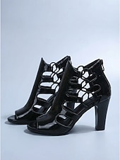 economico Donne-sandali con tacco da donna in similpelle verniciata nera - scarpe da festival musicali audaci con tacco a blocco spesso per Coachella e rave &amp;concerti estivi all'aperto