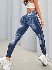 cheap Graphic Leggings-Women's Jeans Leggings Jeggings Vacation Streetwear Casual Full Length Medium Waist Plain Pocket Elastic Waist Comfy High Elasticity Daily Home Outdoor Dark navy Spring Fall Loose Fit
