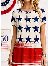  Abito MIDI Donna Patriottico Americana Festa dell'Indipendenza Abito Shift Maglietta Abito Casual Formale Esterno Festa Fit Standard Floreale Astratto Stelle e Strisce Maniche Corte