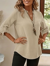 economico Camicie di Lusso-Per donna Camicie di cotone e lino Top estivi Blusa Top Eleganti Arricciato Patchwork Tasca Tinta unica Semplice Elegante Vintage Signore Manica 3/4 Colletto a Camicia Top Regolari Quotidiano Lavoro