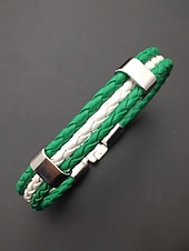 お買い得  聖パトリックの日-男性用のセントパトリックスデー編み込みフェイクレザーブレスレット、グリーンとホワイトの編み込みリストバンド、メタルクラスプ付き、男性用カジュアルアイリッシュスタイルジュエリー、ホリデーパレード、パーティー、お祭りの装いに最適