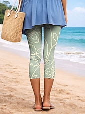 baratos Estampa Floral-Mulheres Leggings Férias Vintage Moda Capris Cintura Alta Floral Gráfico Estampado Conforto Macio Respirável Com Stretch Casual Diário Escritório Amarelo Azul Marron Verde Verão Primavera Fino