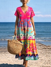abordables Robes de vacances-Femmes Robe Midi Robe d'Été Robe trapèze Vacances Occasionnel Boho Papillon Plage Coupe régulière Graphique Tribal Manche Courte Col Rond Bleu Bleu Ciel Or noir Noir Été Printemps
