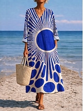 cheap Vacation Dresses-Women's Midi Dress V Neck Long Sleeve Kaftan Lightweight Loose Fit A Line Dress Casual Boho Going out Graphic Geometric Stripe Long Sleeve V Neck Orange red Black Yellow Pink