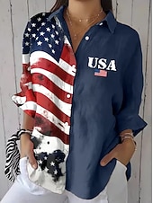  Amerikanischer Unabhängigkeitstag Damen Hemd Gerafft Blumen Grafik Flagge Vintage Stilvoll Langarm Flattrige Ärmel Glockenärmel Hemdkragen Normale Oberteile Täglich Arbeit Ferien Blau Schwarz Wei