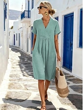 billige Casual Dresses-Women's Mini Dress A Line Dress Summer Dress Vacation Casual Boho Daily Holiday Summer Dress Regular Fit Plain Half Sleeve V Neck Blue Light Green Dark Green Light Purple Summer