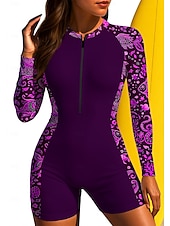 お買い得  ワンピースラッシュガード-女性用 レギュラー ラッシュガード 水着 ボイレグ フラワー トロピカル風 ジッパーを閉める 取り外し式パッド フロントファスナー UVサンプロテクション UPF50+ 超軽量(UL) 長袖 スイムウェア ラッシュガード サーフィン ビーチ ウォータースポーツ 夏