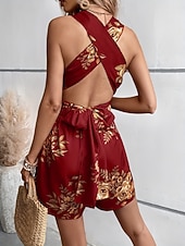 cheap Floral Dress-Women's Mini Dress A Line Dress Halter Dress Vacation Casual Outdoor Going out Regular Fit Floral Sleeveless V Neck Black Wine Navy Blue Dark Green Summer Spring