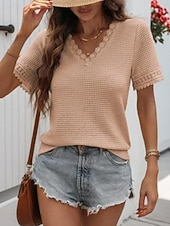 voordelige Effen Blouses-Dames T-shirt Kant Lapwerk Effen Modieus Stijlvol Klassiek Korte mouw V-hals Normale tops Dagelijks Uitgaan Weekend blauw Zwart Wit Leger Groen Groen Zomer Lente