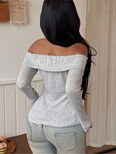 cheap Plain tee-Women's Petite T Shirt Y2K Slim fit top Tunic Solid Color Stylish Sexy Long Sleeve Off Shoulder Crop Tops Daily Going out Light Grey Spring Fall