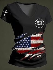 abordables Día de la Independencia Top-Día de la Independencia Aniversario Americano Camiseta Patriótica de Mujer Impresión Gráfica Bandera Vintage Elegante Clásico Manga Corta Cuello en V Tops Regulares Diarios Azul Negro Blanco Rojo