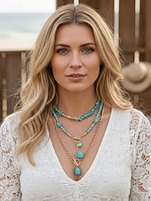 preiswerte Halskette für Damen-Boho-Chic-Schmuckset für Damen, bestehend aus mehrlagigen Halsketten aus einer Legierungskette und türkisfarbenen Perlenanhängern – Vintage-Schmuck für Damen, perfekt für Alltag, Urlaub, Strand und Partys.