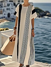 cheap Stripe&amp;Geometric Dress-Women's Maxi Dress T Shirt Dress Tee Dress Shift Dress Vacation Casual Outdoor Going out Loose Fit Stripe Short Sleeve Crewneck Blue Black Brown Dark Purple Summer Spring