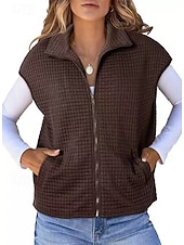 cheap Vest-Women's Casual Jacket Comfortable Breathable Zipper Pocket Buttons Casual Plain Casual Vacation Street Daily Wear Zipper Regular Turndown Regular Fit Short Sleeves Outerwear Black White Brown Spring
