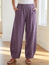 cheap Premium Linen Collection-70% Linen Women's Linen Pants Chinos Summer Pants Bloomers Vacation Streetwear Basic Full Length Medium Waist Plain Pocket Elastic Waistband Comfy Inelastic Daily Outdoor Street Violet Teal Dark