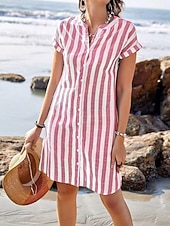 economico Abiti a Strisce e Geometrici-Per donna Mini Abito Abito a Tubino Vestito Estivo Abito Estivo Casual Quotidiano Vestibilità regolare A righe Manica Corta Scollo a V Blu Rosso Blu marino Grigio Estate