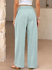 cheap Wide Leg &amp; High Waisted-Women's Wide Leg Chinos Vacation Fashion Streetwear Full Length High Waist Plaid Pocket Elastic Waistband Printing Comfy Comfort Soft Stretchy Daily Outdoor Street Blue Black Yellow Pink Spring Fall