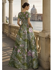  גזרת A עד הריצפה שמלות ערב שמלת נשף אלגנטית וינטאג' פרחוני שרוולים קצרים צווארון עגול קצר מסיבת חצר חתונה כיס ג'אקרד גב בדוגמת דרפה עם שסע כיס