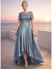 abordables Longitud a la altura del tobillo-Corte A Hasta el Suelo Vestido de Fiesta Vestido Cóctel Vestido Invitada Boda Vestido de Madrina Manga Corta Escote Barco Elegante Sencillo Minimalista Formal Invitado a la boda Satén con Encaje