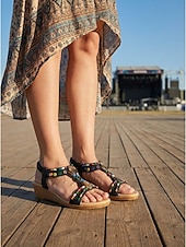 cheap Women-Women's Boho Beaded Wedge Sandals - Ethnic Tribal T-Strap Summer Shoes with Low Wedge Heel &amp; Elastic Back for Coachella, Outdoor Music Festivals &amp; Beach Vacations