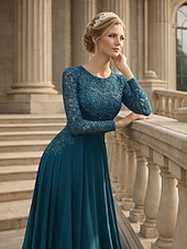 preiswerte Bodenlänge-A-Linie Bodenlang Kleid für Hochzeitsgäste Abendkleid Brautmutterkleid Langarm Rundhalsausschnitt Elegant Party Formell Hochzeitsgast Formeller Abend Spitze mit Falten