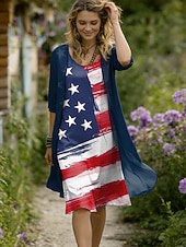  Amerikanischer Unabhängigkeitstag Damenkleid, elegantes A-Linien-Kleid mit grafischem Flaggenprint, Lagenmuster, Midikleid mit halben Ärmeln und Rundhalsausschnitt, ideal für den Alltag, in Blau, Rot