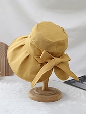 رخيصةأون اكسسوارات العطلة-قبعة شمسية نسائية من البوليستر بحافة عريضة مزينة بفيونكة، قابلة للطي لحماية من الأشعة فوق البنفسجية، متوفرة بألوان متعددة، لون أنيق مناسب لعطلة الربيع والارتداء اليومي غير الرسمي