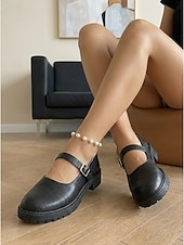 baratos Sapatilhas de mulher-Sapatilhas Mary Jane pretas femininas - sapatos casuais de bico redondo para caminhada com sola tratorada robusta &amp;Alça ajustável com fivela para uso diário e escolar. &amp; escritório