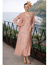  Tvådelad Åtsmitande Ankellång Pärlbroderad Bröllopsgästklänning Formell klädsel Klänning till brudens mor Långärmad V-hals Elegant Glitter och glans Bröllopsgäst Semiformell Chiffong Paljetter med