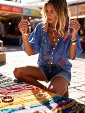 Недорогие Цветочные блузки-Жен. Рубашка С принтом Омбре Цветочный принт Графика Богемия Винтаж Повседневные Рукав 3/4 V-образный вырез Обычные топы Повседневные Праздники Одежда для пляжа