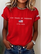  アメリカ独立記念日 女性用 Tシャツ プリント グラフィック アメリカ独立記念日 ヴィンテージ スタイリッシュ クラシック 半袖 クルーネック Ｖネック レギュラートップス 日常 ブルー ブラック ホワイト ルビーレッド グレー 夏 春