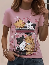 Недорогие Животные пьют-Жен. Футболка С принтом Графика Животное Кот Винтаж Стиль Классика С короткими рукавами Вырез под горло Обычные топы Повседневные выходные Абрикосовый розовый Розовый Хаки Лето Весна Осень