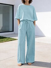 cheap Sets-15% Linen Women's Pants Sets Linen Sets Basic Pure Color Pocket Elastic Waist T Shirt Pant Daily Street Long Sleeve Crew Neck Blue Black White Navy Blue Light Brown Summer Spring