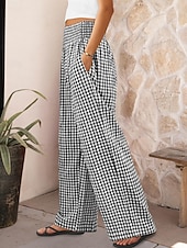 cheap Wide Leg &amp; High Waisted-Women's Wide Leg Chinos Vacation Fashion Streetwear Full Length High Waist Plaid Pocket Elastic Waistband Printing Comfy Comfort Soft Stretchy Daily Outdoor Street Blue Black Yellow Pink Spring Fall