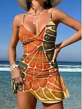 رخيصةأون مايوهات تانكيني-نسائي ملابس السباحة قطعة واحدة مايوه تنورة ملابس السباحة أنيق العطلة ورد الرسم V رقبة بدون كم بدلة سباحة