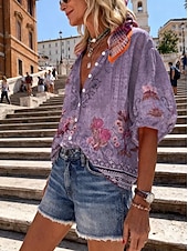 Недорогие Цветочные блузки-Жен. Рубашка С принтом Омбре Цветочный принт Графика Богемия Винтаж Повседневные Рукав 3/4 V-образный вырез Обычные топы Повседневные Праздники Одежда для пляжа