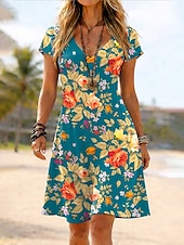 abordables Vestidos florales-Mujer Vestido hasta la Rodilla Vestido de verano Vestido estilo camiseta Vestido de una línea Vacaciones Casual Boho Playa Ajuste regular Floral Graphic Manga Corta Escote en Pico Azul Piscina Rosa