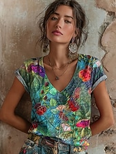  Per donna Maglietta Stampato Floreale Grafico Graffiti Bohemien Vintage Classico Manica Corta Scollo a V Top Regolari Quotidiano Verde Estate Primavera