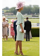 preiswerte Teelänge-Kleid Knielang Derby-Kleid Brautmutterkleid Halbarm V Ausschnitt Elegant Kentucky Derby Stretchstoff mit Falten Gerafft Drapierung