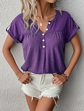 economico T-shirt semplice-Per donna Maglietta Bottoni Semplice Moda Elegante Classico Manica Corta Scollo a V Top lunghi Quotidiano Uscire Weekend Blu Nero Viola Verde Caffè Estate Primavera