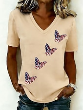  Uavhengighetsdagen Patriotisk Kvinne T-skjorte Trykk Grafisk Flagg Sommerfugl Vintage Stilfull Klassisk Kortermet V-hals Regelmessige topper Daglig Blå Hvit Rød Khaki Sommer Vår