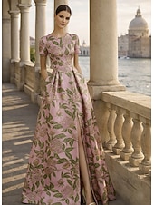  גזרת A עד הריצפה שמלות ערב שמלת נשף אלגנטית וינטאג' פרחוני שרוולים קצרים צווארון עגול קצר מסיבת חצר חתונה כיס ג'אקרד גב בדוגמת דרפה עם שסע כיס