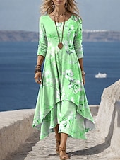 voordelige Boho Jurk-Dames Halflange jurk Hemdjurk Casual Dagelijks Feestdagen Normale pasvorm Bloemig Grafisch Lange mouw Strakke ronde hals blauw Blozend Roze Paars Groen Zomer Lente