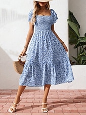 Χαμηλού Κόστους Floral φορέματα-Γυναικεία Μίντι φόρεμα Φόρεμα σε γραμμή Α Καθημερινό ΕΞΩΤΕΡΙΚΟΥ ΧΩΡΟΥ Εξόδου Τυπική εφαρμογή Φλοράλ Κοντομάνικο Τετράγωνη Λαιμόκοψη Θαλασσί Μαύρο Ρουμπίνι Βυσσινί Καλοκαίρι Άνοιξη
