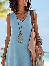 Χαμηλού Κόστους Φορέματα-Φόρεμα Maxi από Λευκό Λινό Σατέν με Λάδι Σατράπεζα Φόρεμα Καλοκαίρι Καθημερινό Εξωτερικό Κανονική Εφαρμογή Μονοχρωμία Χωρίς Μανίκι V Λαιμό Μπλε Καλοκαίρι Άνοιξη