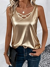 זול חולצות אלגנטיות-בגדי ריקוד נשים עליונית טנק חולצה חולצה ללא שרוולים אחיד מסוגנן קלסי מודרני ללא שרוולים צווארון V חולצות רגילות יומי חגים ליציאה כסף שחור שמפניה קיץ אביב
