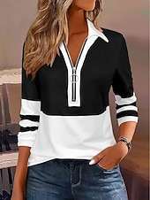 cheap Stripe&amp;Geometric Blouses-Women's Blouse Zipper Striped Stylish Casual Long Sleeve Turndown Regular Tops Daily Blue Black Wine Brown Green Spring Fall